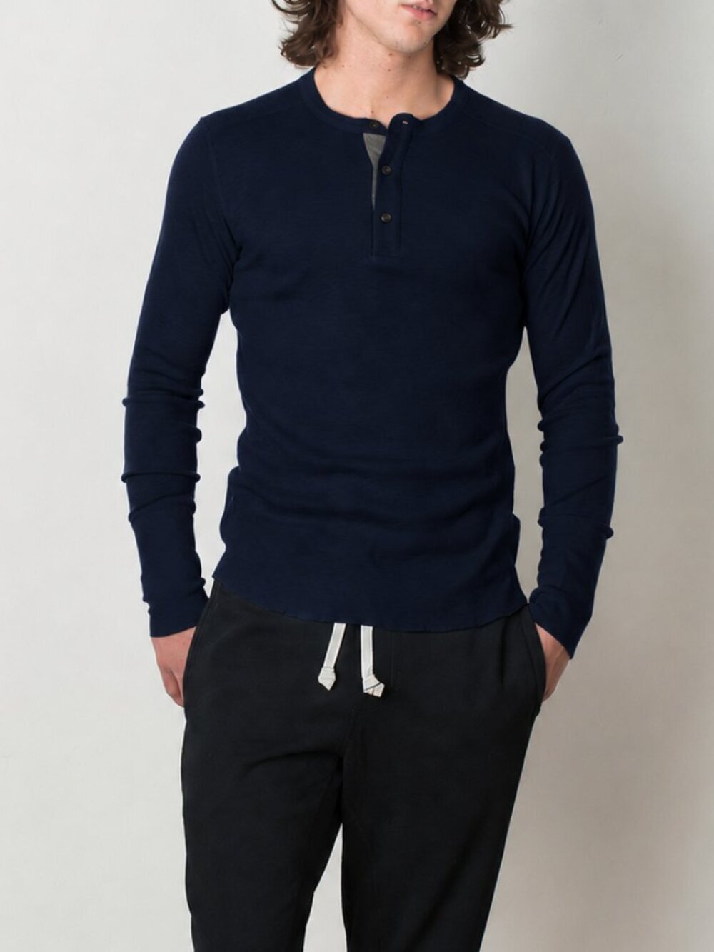 WINGS+HORNS 1x1 Slub Rib Knit Navy Blue Cotton Jersey Henley T-Shirt, Size XL